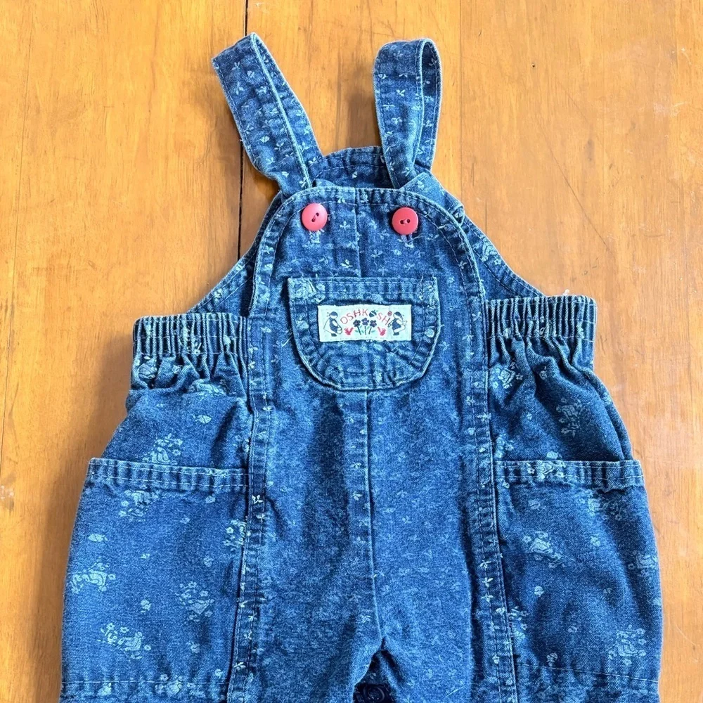 Vintage OshKosh B’Gosh Floral Printed Dark Wash Denim Overalls Size 6M